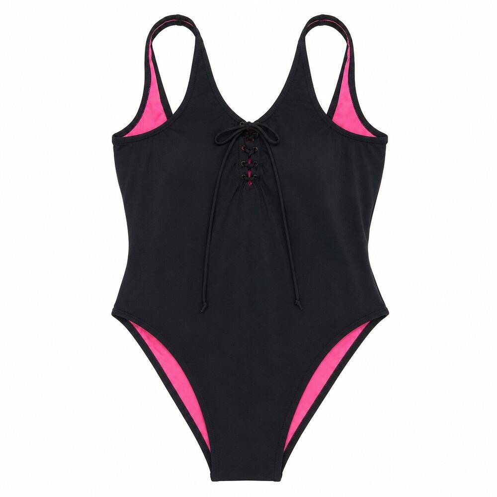 PINK‎ Victoria's Secret Black Lace Up One Piece Swimsuit Pink Lining Size Large
